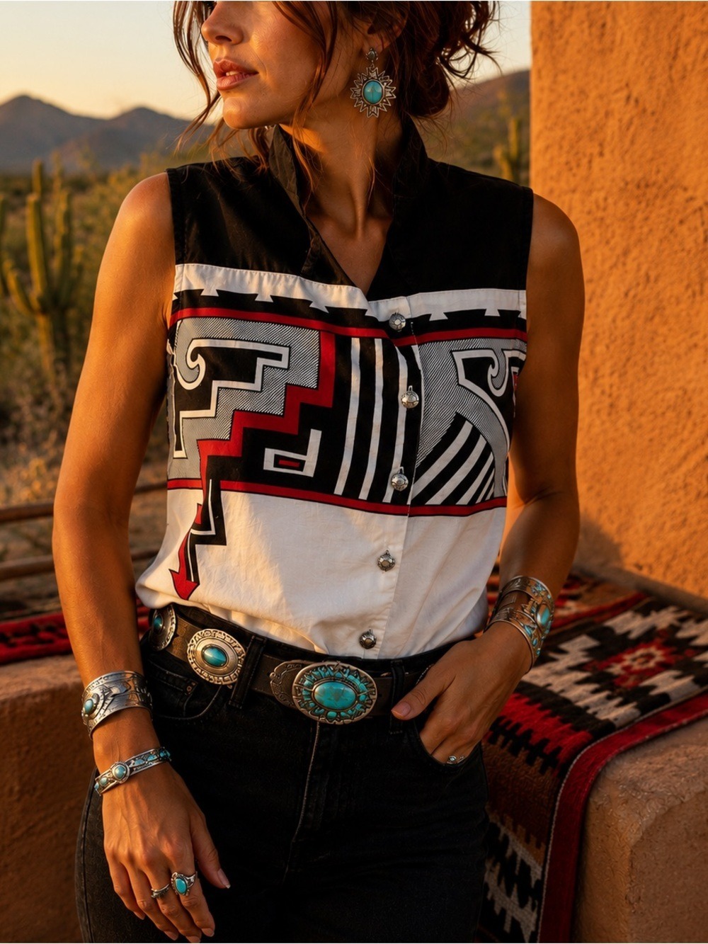 Vintage Artisan Southwestern Geometric Artwear Top Small Sleeveless Button Up